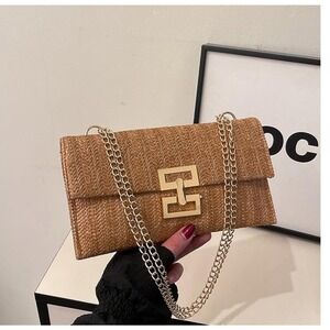 Woven Straw Clutch Bag with Chain Strap, Summer Handbag, Party Evening Bag